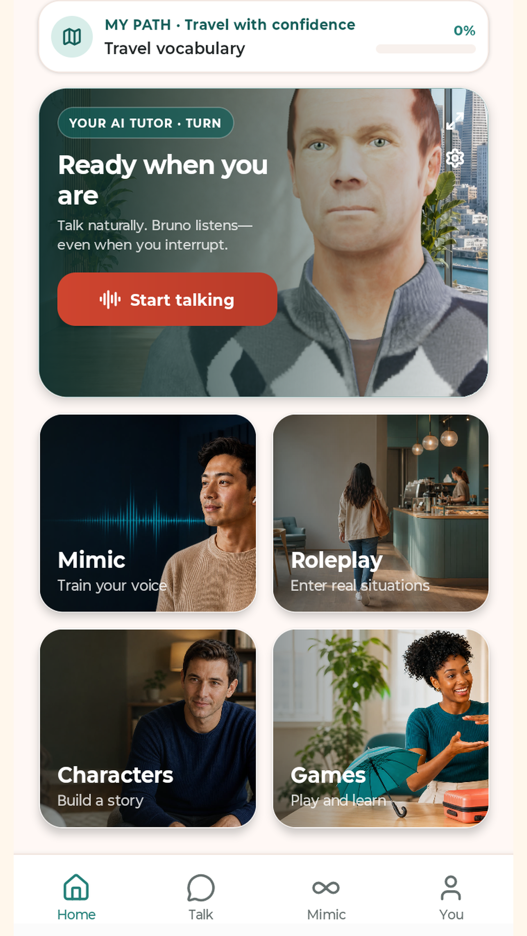 Mimica English home screen with learning activities