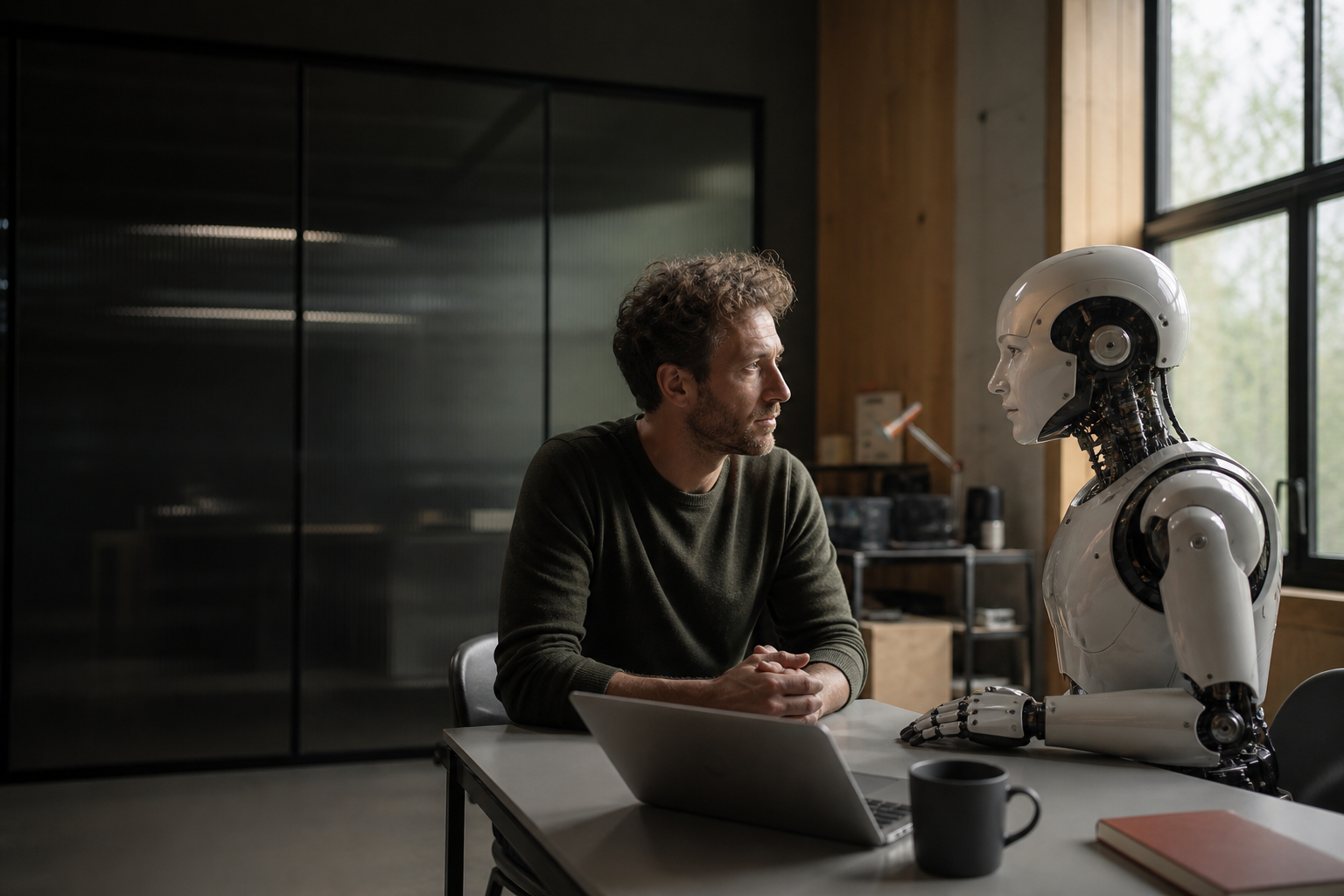 A person and a humanoid robot facing one another in conversation
